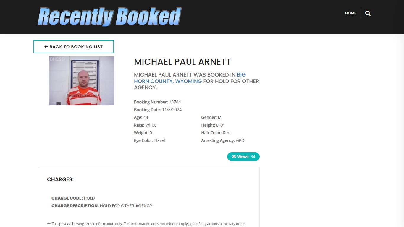 Recent Booking / Mugshot for MICHAEL PAUL ARNETT in Big Horn County ...